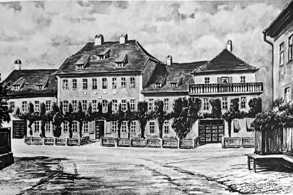 Aquarell: zweigeschossiges Haus mit Mansarddach und Balkon am Engelplatz